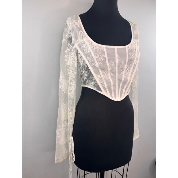 Pretty Little Thing Cream Corset Top Floral Sheer Lace Scoop Back Zip UK 12 NEW - Picture 2 of 5